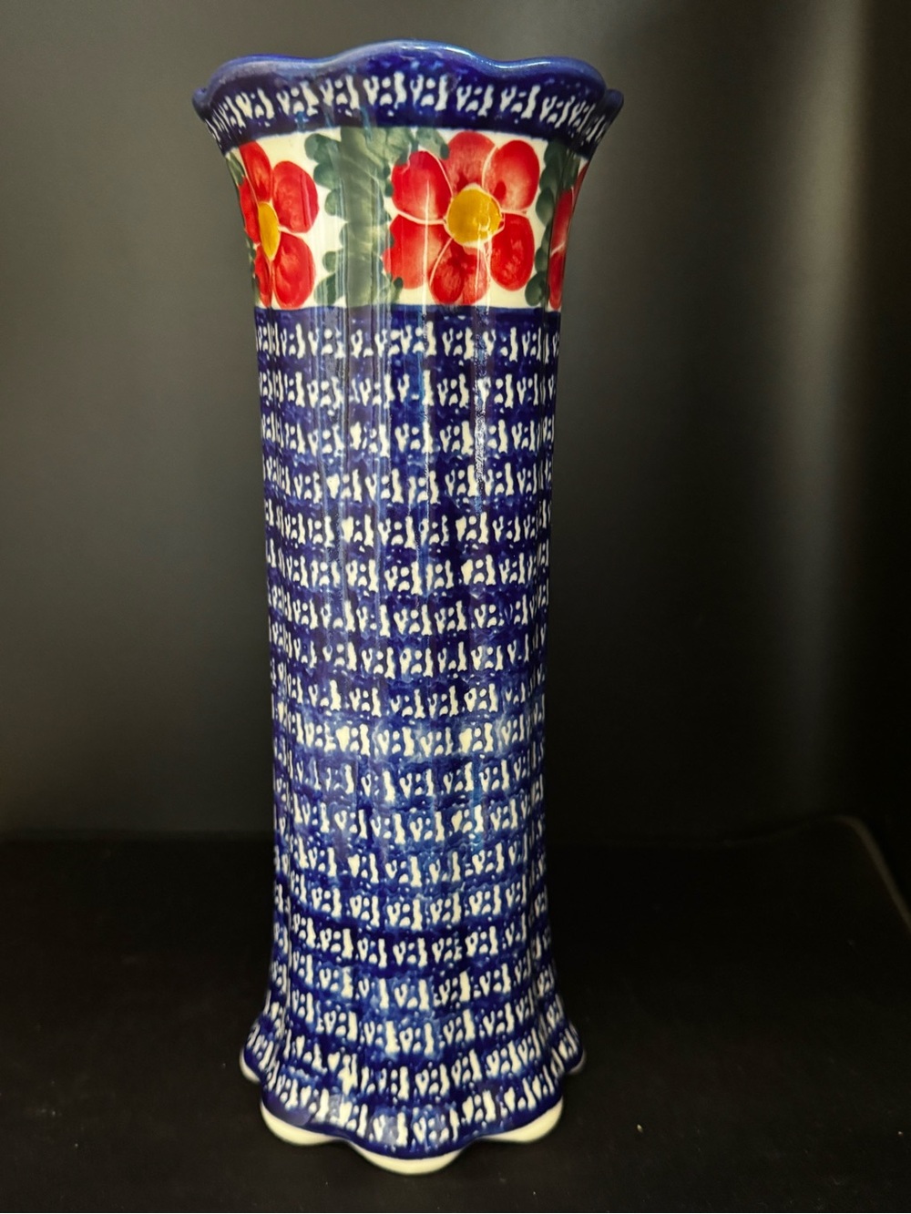 Polish Pottery Tall Vase Ruffled Edge 11”